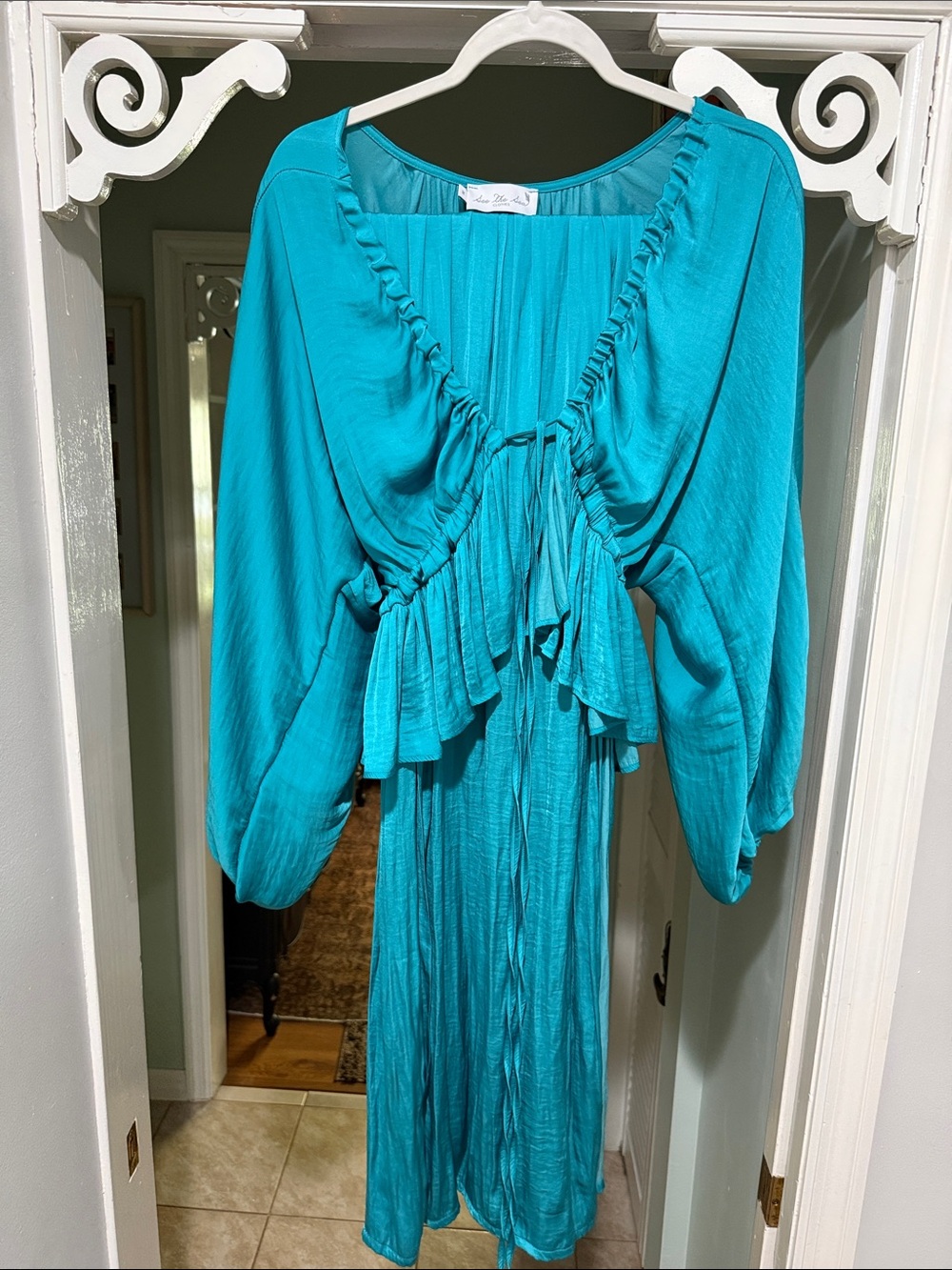 Silk skirt set from Greece. Teal Ruffle-Front Women’s top and skirt w side slits
